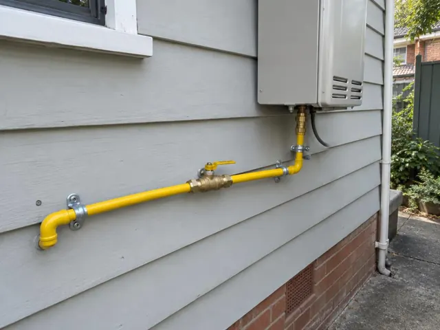 Yellow gas pipe and fittings on weatherboard exterior wall near a house meter box in Roseville